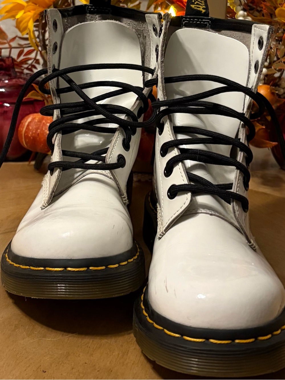 Dr Martens White Lace-Up Combat Boots with Contrast Stitching